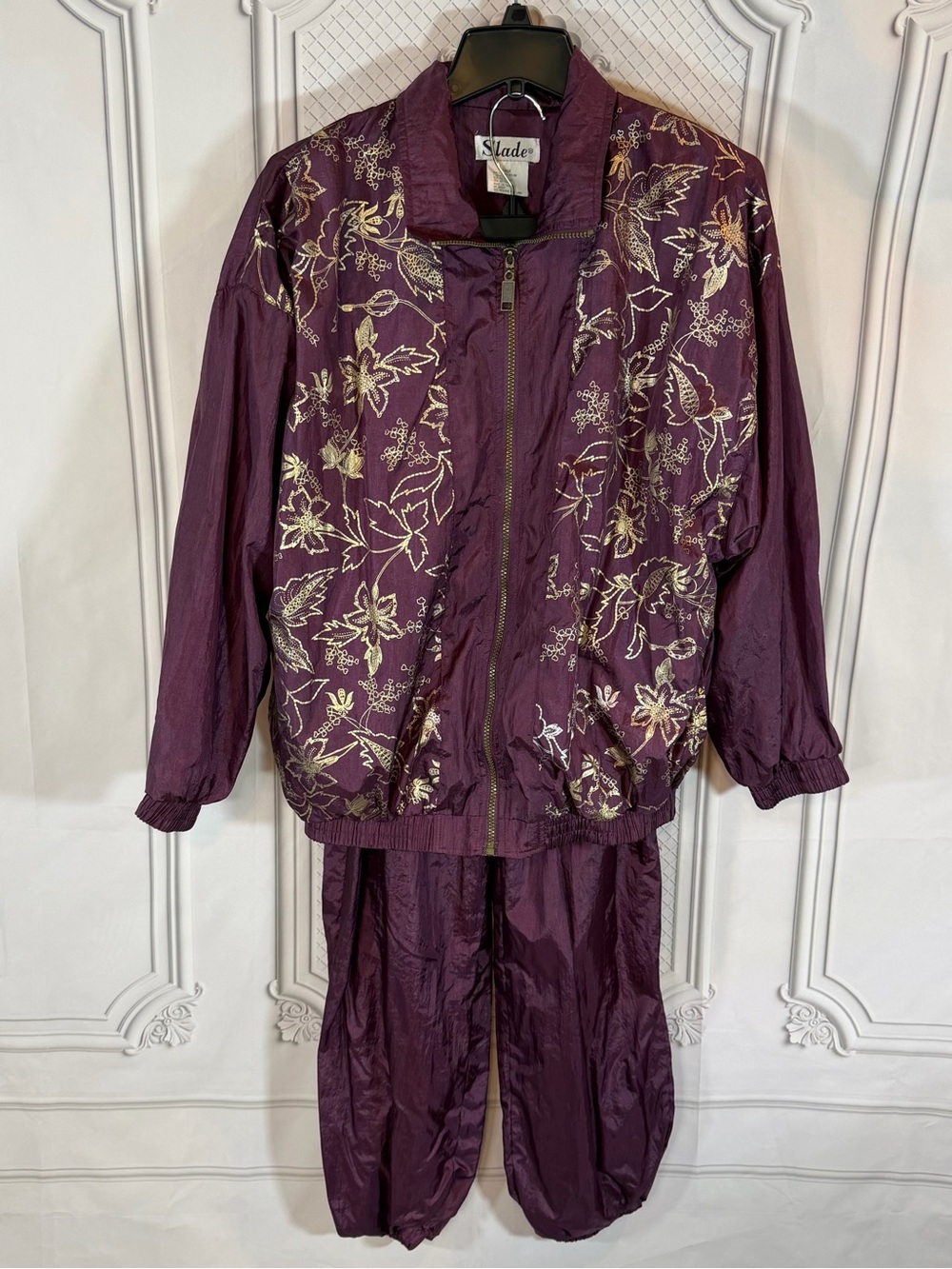 Vintage 90s Slade Burgundy Metallic Floral Windbreaker Track Suit Set Size L